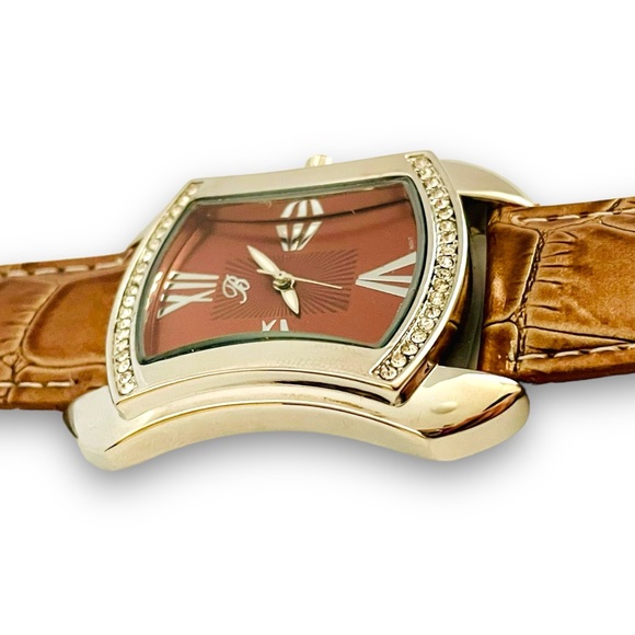 Watch Womens Designer Watch BURGI Rhinestone Brown Leather Wristwatch - Picture 2 of 16